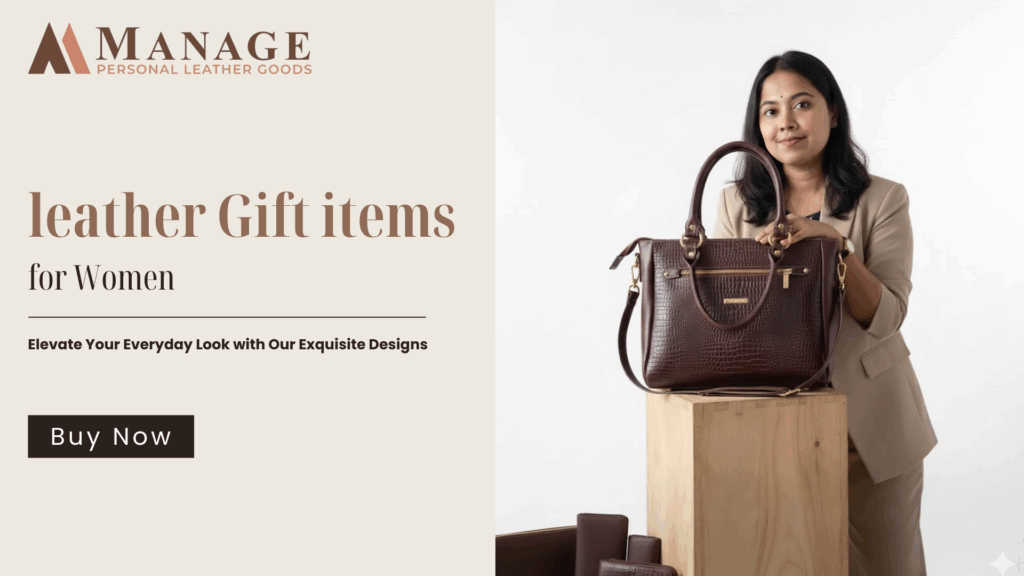 Woman holding a leather handbag with leather accessories and 'Buy Now' button.