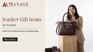 Woman holding a leather handbag with leather accessories and 'Buy Now' button.